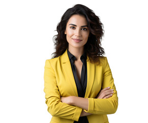 Confident businesswoman posing in bright yellow blazer with arms crossed on transparent background