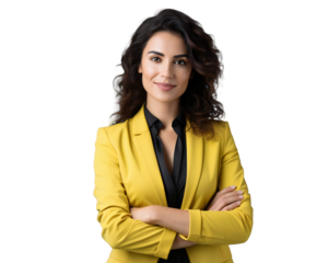 Confident businesswoman posing in bright yellow blazer with arms crossed on transparent background