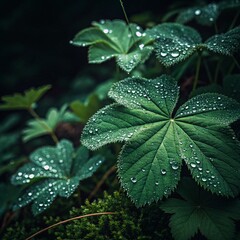 Lush Green Leaves Covered in Dew Droplets Against a Dark Background in a Natural Setting