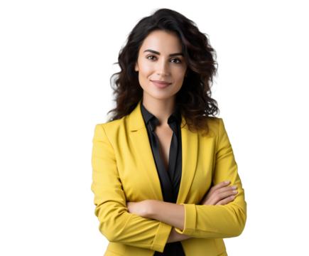 Confident businesswoman posing in bright yellow blazer with arms crossed on transparent background