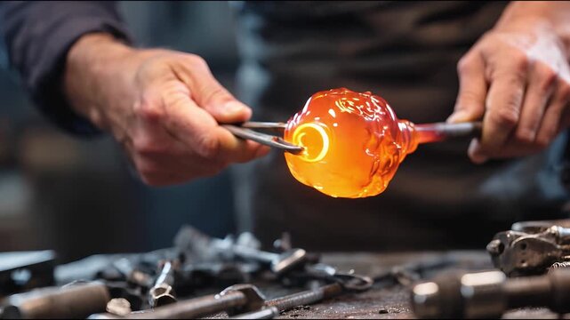A close-up of an experienced glassblower carefully working with molten, bright orange glass. The artisan&rsquo;s gloved hands hold tools with which he deftly shapes the hot mass, creating a unique piece. Th