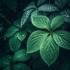 Lush Green Leaves Covered in Dew Droplets Against a Dark Background in a Natural Setting