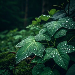 Lush Green Leaves Covered in Dew Droplets Against a Dark Background in a Natural Setting