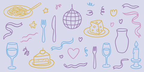 Festive sketch set: pasta, wine, candle, cake, cheese, ribbon, disco ball. Brightly colored outline elements for parties and menus.