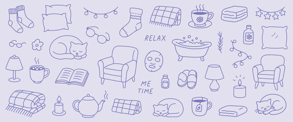 Hand drawn relaxation and Relax doodle set bathtub, towels, cats, face masks cozy doodles.soft vector clipart home relaxation