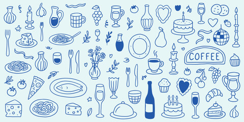 Hand drawn dinner and café doodle set with pasta, drinks, candles, desserts, tableware, and coffee sign. Blue vector food and dining clipart.