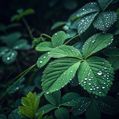 Lush Green Leaves Covered in Dew Droplets Against a Dark Background in a Natural Setting