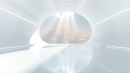 Futuristic white corridor with oval window revealing sunlit clouds sunbeams