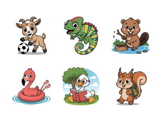 Fototapeta premium Cute animals playing and reading goat soccer ball
