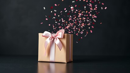 Gift box with pink ribbon and falling confetti present