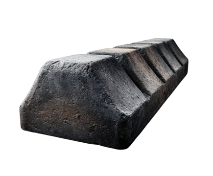 Row of textured and weathered dark stone barriers, arranged linearly, isolated on transparent background