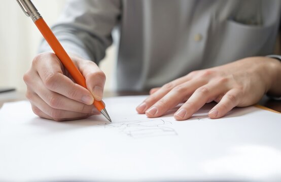 Hands sketching on paper with orange pen. Focus on creative process, idea generation, meticulous drawing. Details of artist hands, pen, paper, suitable for design, architecture, engineering concepts.