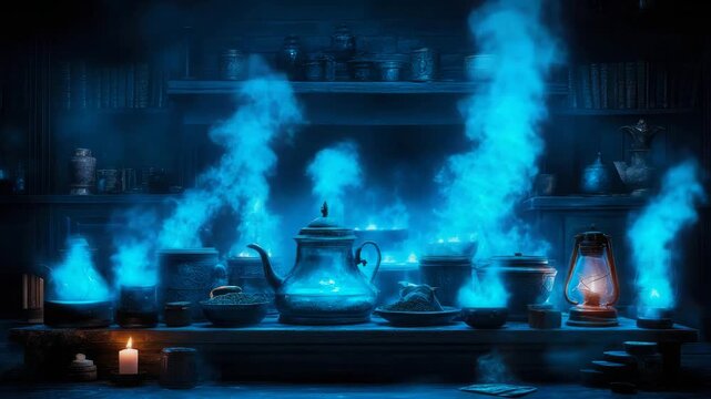 Mysterious potion brewing scene illuminated by vibrant blue ethereal smoke in a dimly lit arcane study
