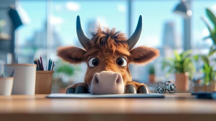 An adorable shaggy bovine creature peeking over a polished desk in a sunlit modern office with a blurred urban panorama