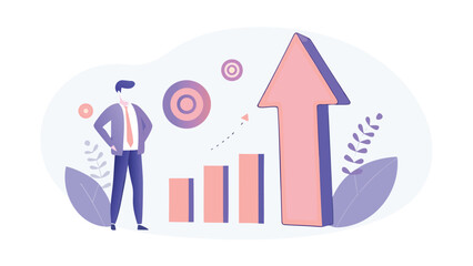 Man standing next to a rising bar graph with a large upward arrow and target in the background