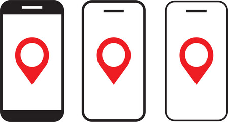 Smartphone and location icon set. phone location pin vector, navigation, location pin,red map marker icon symbol,
