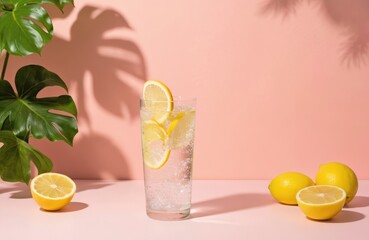Refreshing fizzy water in glass with lemon slices. Bubbly beverage with citrus fruit on pink background with green plants shadow. Cool hydratation drink, summer refreshment, healthy lifestyle choice.