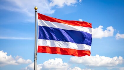 Fototapeta premium Thai flag with red, white, and blue stripes waving under cloudy sky