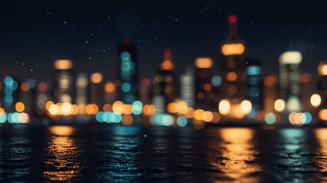 Floating candles on water with city skyline at night
