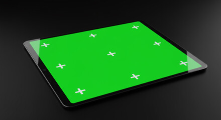 A digital tablet placed on a table with a vibrant green screen, ready for content insertion or visual effects. The green screen makes it ideal for mockups, app previews, or creative digital designs. T