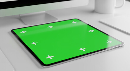 A digital tablet placed on a table with a vibrant green screen, ready for content insertion or visual effects. The green screen makes it ideal for mockups, app previews, or creative digital designs. T