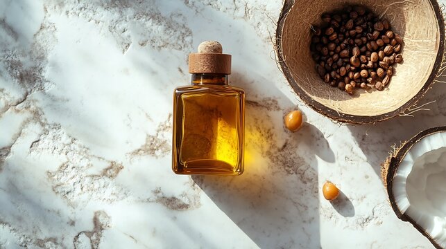Flat lay of marula oil bottle with coconut shell bowl and marula seeds