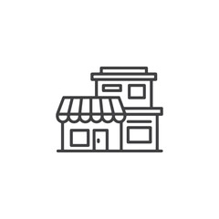 Vector art of an icon depicts a twostory building with a shop on the ground floor
