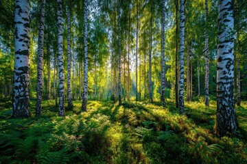 Fototapeta premium Sunlight filters through a lush birch forest with green ferns. Perfect for nature, calm, or environmental-themed projects.