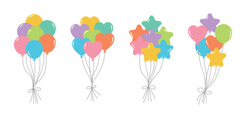 A set of colorful balloon illustrations in the shape of circles, hearts and stars. Decorations used for celebratory events such as celebrations, parties, festivals and birthdays.