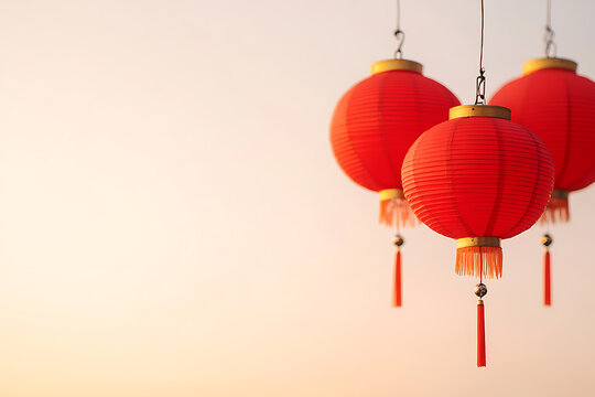 Three festive red lanterns hang against a soft sky, embodying traditions and celebrations with their vibrant color and tassel details, perfect for decor.