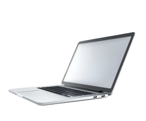 Sleek modern laptop with silver finish and high-resolution display for professional use, isolated on transparent background.