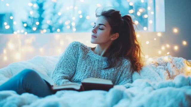 A serene woman unwinding with a book on a comfy bed, illuminated by gentle string lights and soft light from a window.