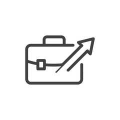 Vector art of a black and white line icon depicting a briefcase with an upward