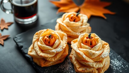 Golden pastry roses with carved pumpkins and dusting carving dessert