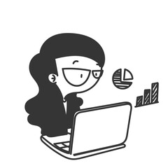 cartoon business woman working on growth  graphs and diagrams on laptop