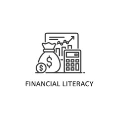 Vector art of financial literacy is represented by a money bag with a dollar sign a