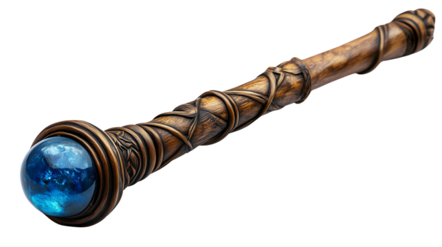 Mystical energy staff with radiant blue gemstone top and ancient wooden texture for fantasy storytelling on transparent background
