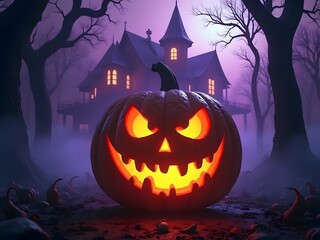 Scary Jack-o&rsquo;-Lantern with Haunted House in Spooky Halloween Night
