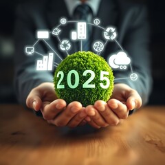 Green sphere with year and technology icons held by hands year twenty five sustainability