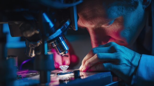 Professional gemologist meticulously examines diamond with advanced hyperspectral camera, adjusting settings for precise analysis under controlled lighting
