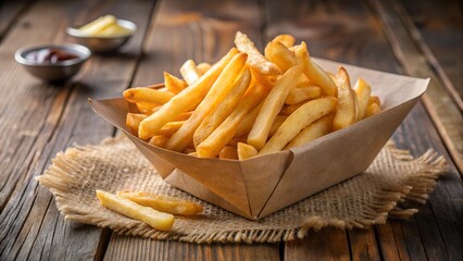 Crispy french fries in a paper container
