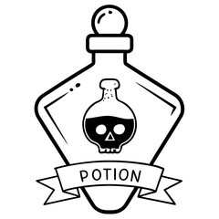Potion with skull  label line art vector illustration