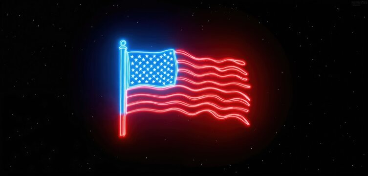 Neon American flag glows in dark night sky with stars. Red, blue lights illuminate iconic symbol of patriotism, freedom, independence. Vibrant illustration perfect for celebrating national holidays