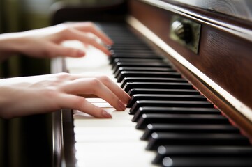 Obraz premium Intimate close-up of skilled hands gracefully playing a vintage piano, keys blurred by a shallow depth of field, evoking a sense of nostalgic melody.