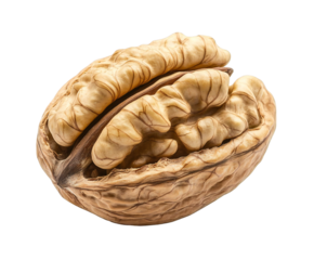 Captivating close-up of a shelled walnut, showcasing its textures and natural beauty, presented on transparent background