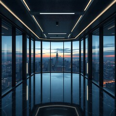 Modern skyscraper interior overlooking city skyline at dusk image