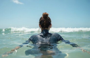 Woman in wetsuit swims in ocean waves under clear blue sky. Back view of female swimmer enjoying summer vacation, fitness, nature. Serene aquatic sport with peaceful maritime adventure, relaxation.