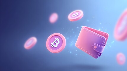 Digital wallet with floating Bitcoin coins against a blue background, symbolizing cryptocurrency storage and blockchain technology.