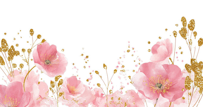 PNG Background with pink flowers watercolor delicate blossoms.