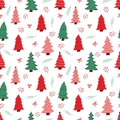 Cute hand drawn holiday pattern with festive Christmas trees. Colorful doodle Christmas trees and decorations seamless pattern
